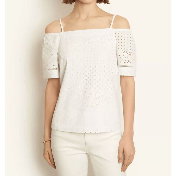 Ann Taylor NWT Eyelet Shoulder Top, White Blouse, Sz Large Petite, MSRP $85 - Picture 1 of 9